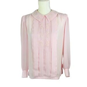 La Blouse Women's 6 Vintage Blouse Pink Pleated Chiffon Sheer Top Embroidered